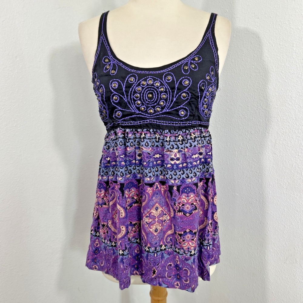 Angie Top Womens S Paisley Babydoll Embellished Boho Romantic Festival